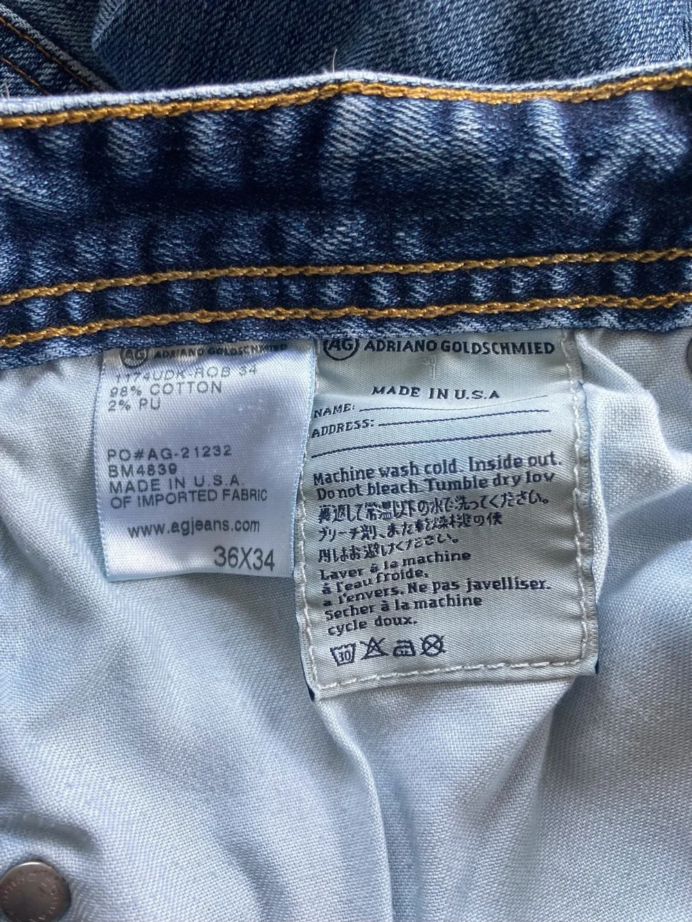 AG Adriano Goldschmied  The Graduate Jeans Made in USA 36X34 South Gate, CA.2016